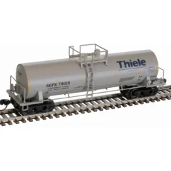Atlas 50006163 (gray, blue, yellow conspicuity marks) ACF 14,000 Gallon Kaolin Tank Car N, ACFX Thiele Kaolin #79136 Scale - Model Train Junction: Quality Parts and Art Supplies Outlet