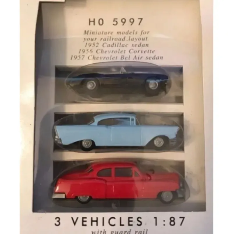 Trains|Busch 5997 HO 1950s American Autos w/Guard Rail (Pack of 3) - Model Train Junction: Quality Parts and Art Supplies
