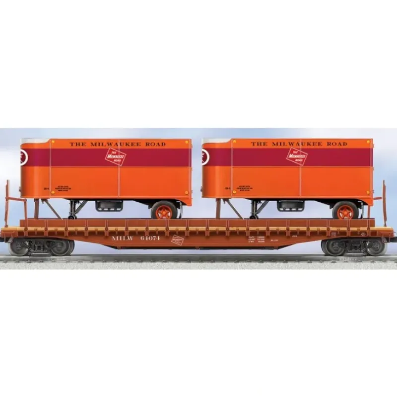 Trains*Lionel 6-27564 O Gauge Milwaukee Road Flatcar # 64074 w/ 2 Trailers - Model Train Junction: Quality Parts and Art Supplies
