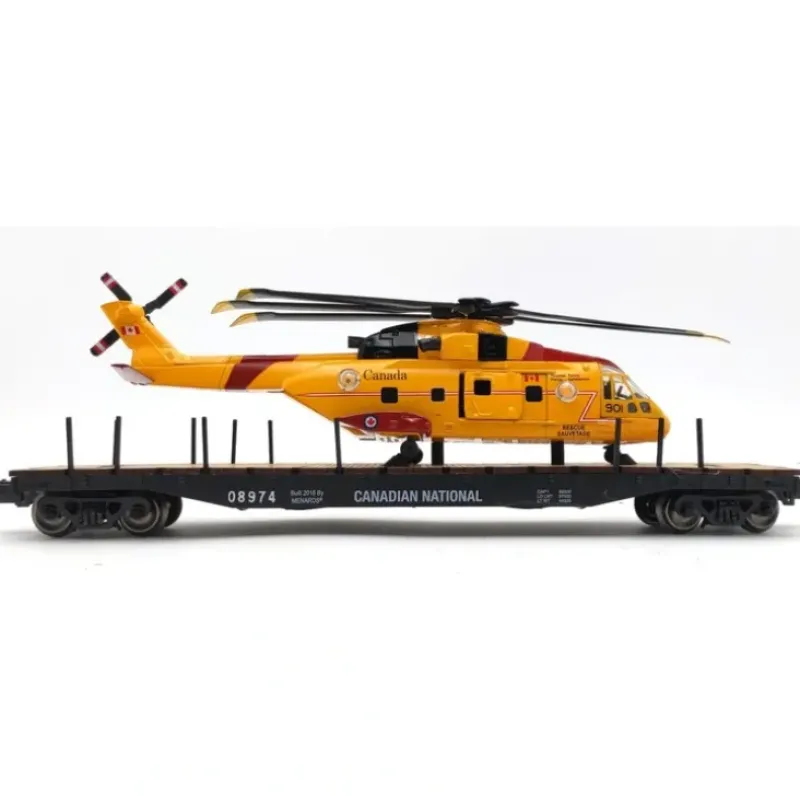 Trains*Menards 279-3088 O Gauge Canadian National Long Flatcar w/ Helicopter #08974 LN/Box - Model Train Junction: Quality Parts and Art Supplies