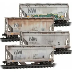 Micro-Trains, N Scale, 99305013, Weathered 2-Bay Covered Hopper, Norfolk and Western, (4-Pack) - Model Train Junction: Quality Parts and Art Supplies Best