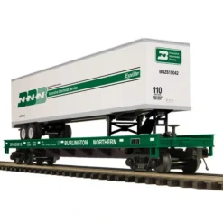 Trains*MTH 20-98769 Burlington Northern Flatcar w/Trailer - Model Train Junction: Quality Parts and Art Supplies